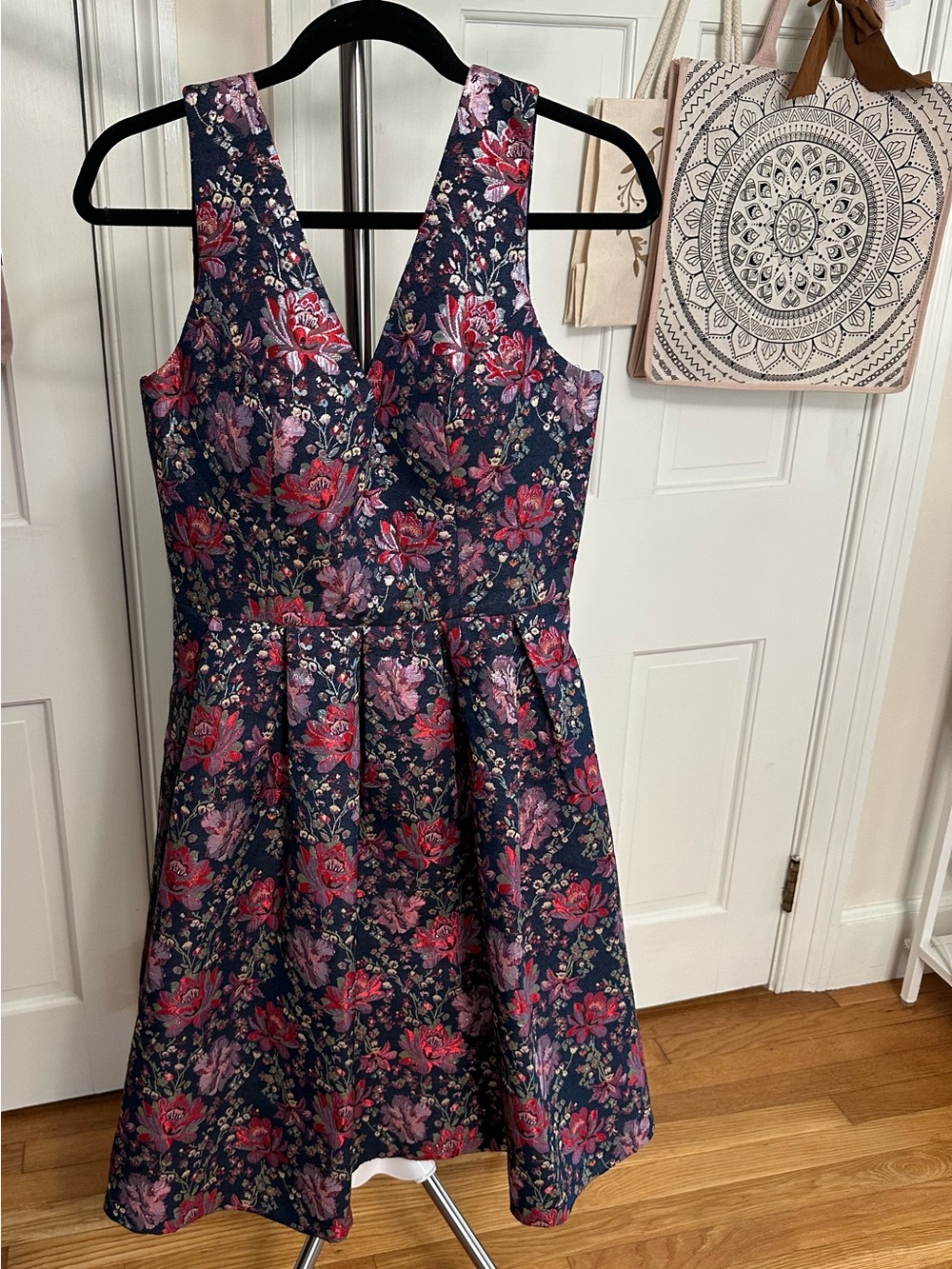 Chi Chi London Navy Dress with Pink and Red Floral Jacquard